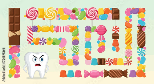 Angry tooth, colorful candies, showing effect on oral health. Sweet lollipops, chocolate, jelly beans make sugary maze, impacting oral health. Graphic for children, promoting good oral health.