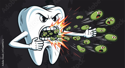 Angry cartoon tooth fighting bacteria, expelling green germs with powerful blast. Strong tooth fighting bacteria illustrates powerful defense against harmful oral microorganisms.