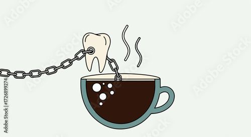 Coffee tooth stain illustration depicts white molar chained to steaming coffee mug. Dark hot beverage in blue cup symbolizes dental enamel erosion, emphasizing discoloration effects.