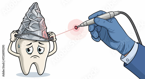 Cartoon tooth experiencing dental anxiety, wearing tinfoil hat, symbolizing apprehension towards modern laser treatment from gloved hand. Dental anxiety represented by scared,