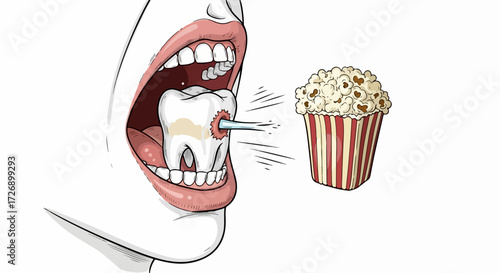 Toothache illustration featuring a toothache, with a nail stuck inside an open mouth, shown with popcorn nearby to depict bad eating habits.