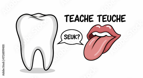 Humorous dental health image shows tooth and tongue interacting with speech bubbles. Playful dental health concept teaches about oral hygiene through engaging character communication.