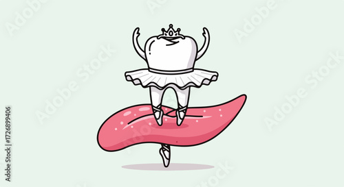 Tooth fairy on tongue in cute illustration, a whimsical dental theme. Cartoon tooth fairy with crown and ballet shoes is dancing on tongue.
