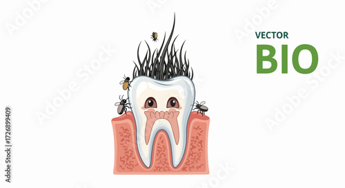Tooth decay illustration shows damaged tooth with eyes, surrounded by flies and dirt on white backdrop. Concept tooth decay demonstrates poor hygiene and dental problems that lead to cavities.