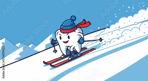 Cartoon tooth skiing down snow slope with mountains is fun, tooth skiing downhill on winter activity. Winter season activity with happy tooth skiing, concept of good oral health, dental care,