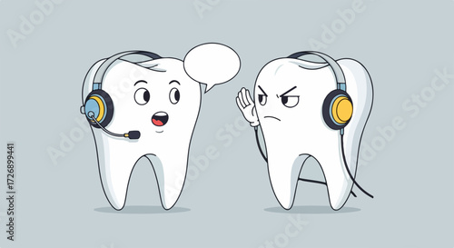 Dental care conversation showing two cartoon teeth wearing headsets, communicating about oral hygiene. Effective dental care between patient and dentist,