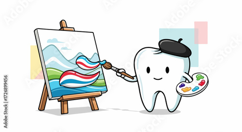 Tooth character paints a picture with toothpaste on a canvas in creative style, artistic expression with tooth. A tooth character creating artwork with toothpaste painting a landscape,