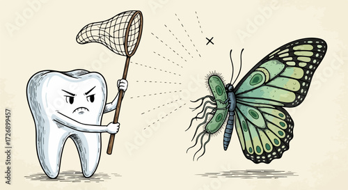 Illustration of tooth decay with angry tooth character holding net near butterfly-shaped bacteria. Tooth decay is a serious health issue.