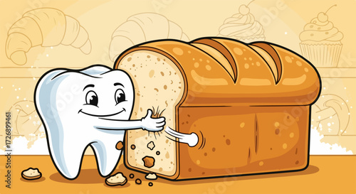 Tooth vs bread cartoon shows dental health against sugary snacks, presenting tooth decay risks. Tooth cartoon with bread illustrates food's impact on oral care and prevention.