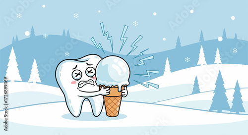 Character with toothache holding ice cream in snow. A funny character with toothache tries to eat ice cream, but faces pain due to cold winter treat.