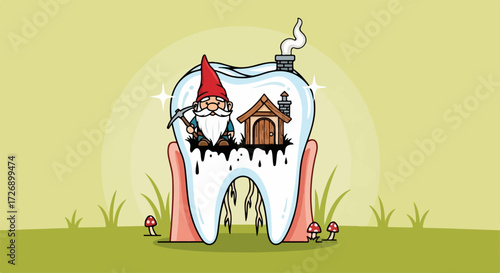 Dental health illustration featuring funny gnome living in infected tooth. Dental health concept shows cartoon gnome with a house inside a human molar affected by caries and plaque.
