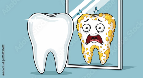 Tooth decay reflected in mirror beside healthy tooth, representing dental hygiene. Tooth decay, a serious issue for oral health, reflected in sad, yellow appearance.