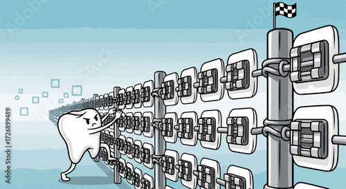 Cartoon tooth challenges orthodontics, tooth races against orthodontic braces, on background. Tooth with braces races against dentistry and orthodontic appliances.