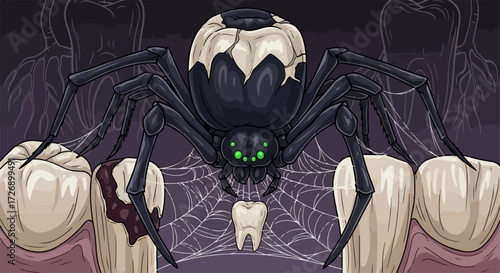 Dental horror themed illustration with spider holding tooth in web, dental horror scene. Creepy spider with cracked skull and green eyes guards lost tooth, creating dental horror.