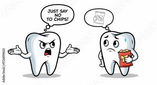 Unhealthy tooth with bag of chips and healthy tooth protesting chips, unhealthy tooth is sad.