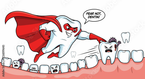 Superhero tooth character with cape and mask defending a tooth in need is depicted in this illustration. Superhero tooth is on rescue mission,