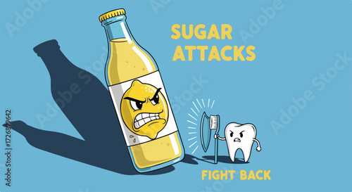 Sugar attacks in illustrated scene of angry lemon drink bottle, dental defense with toothbrush against the sweet. Sugar attacks,