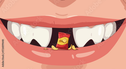 Missing tooth, with a small bag of potato chips wedged in the gap, reveals dental problems. Missing tooth poses issues with eating chips and may require dental work. For humor,