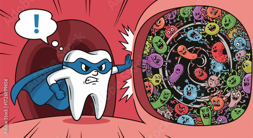 Cartoon tooth superhero protecting from bacteria in mouth. Superhero guards against infection. Maintaining proper oral hygiene with toothbrush and toothpaste.