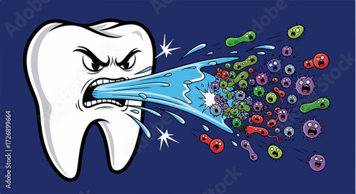 Cartoon tooth expels water stream at germs. Cartoon tooth is healthy despite numerous bacteria, germs, and microbes surrounding it, proving resilient defense.