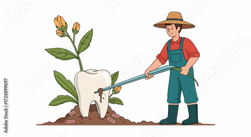 Taking care of teeth involves dental care, with a gardener tending a tooth growing from soil. Dental care includes watering and careful attention, symbolizing good oral health practices.