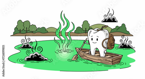 Cartoon tooth floats in polluted water on small wooden boat, sad and forlorn. Polluted water is his domain, unhealthy environment a source of malaise, teeth ache is inevitable.