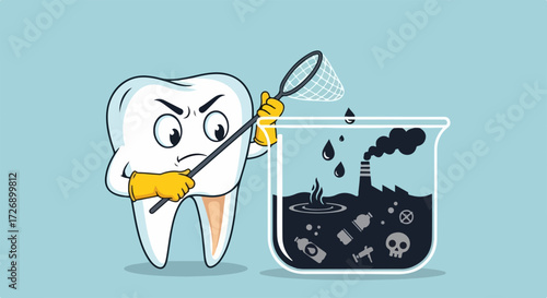Dental care is vital as a tooth decay mascot cleaning environment with net, industrial factory and rubbish.