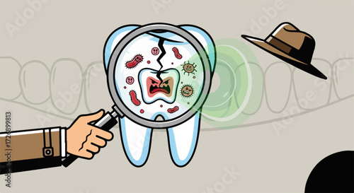 Tooth decay check reveals the presence of bacteria, inflammation, and damage, tooth decay check involves using magnifying glass.