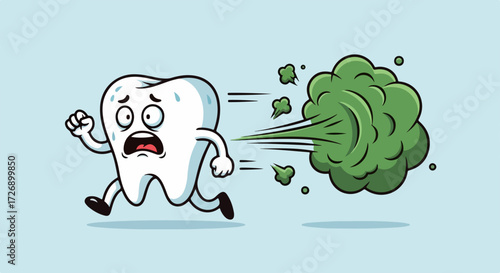 Scared cartoon tooth character running from green cloud, illustrating bad breath. Dental tooth illustration depicts oral hygiene problem causing bad breath, symbolizing discomfort.