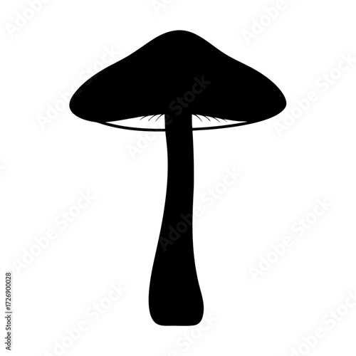 Monochrome silhouette illustration of a mushroom with a classic shape and gills