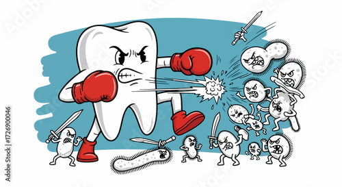 Cartoon tooth protecting dental health by fighting harmful germs and bacteria. Strong character tooth wearing red boxing gloves kicks attacking microbes, symbolizing good oral health.