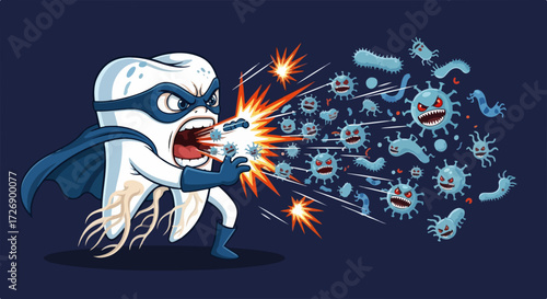 Angry tooth in candy maze defends itself from evil microbes, surrounded by tempting sweets. Angry tooth in candy maze faces challenging confectionery labyrinth, showcasing dental hygiene.