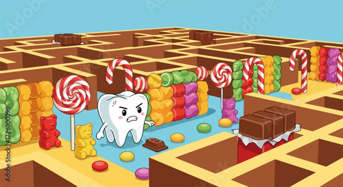 Cartoon tooth navigating challenging tooth candy maze with various sweet treats. Candy maze environment features colorful lollipops, gummy bears, and chocolate bars around character.