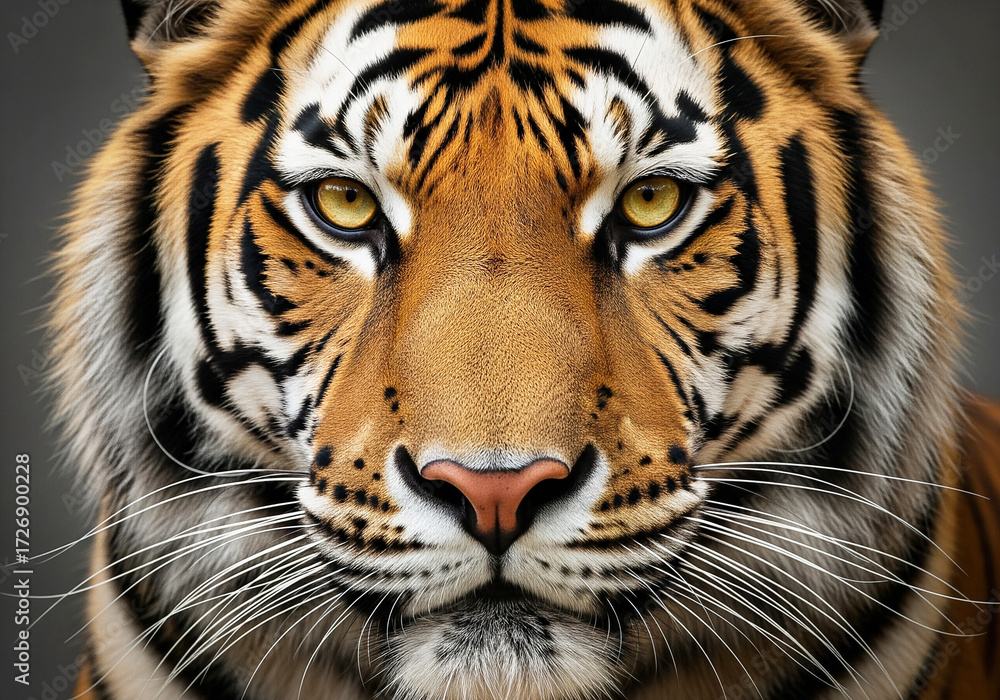 Naklejka premium Intense close-up portrait of a majestic tiger, showcasing its powerful striped fur and piercing golden eyes. A captivating wild strength and natural beauty