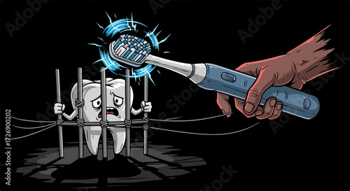 Frightened tooth in jail, toothbrush attack in dark, a scene of dental hygiene. Frightened tooth experiences toothbrush attack, symbolizing dental hygiene challenges.