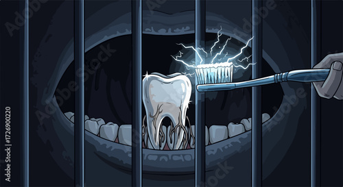 Tooth decay prevention depicted with molar behind bars and electric toothbrush, Tooth decay prevention illustration with captive molar, representing cavity risk.