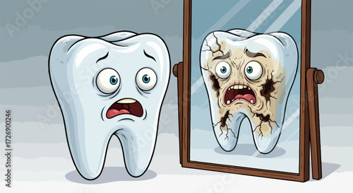 Cartoon teeth with dental problems and decay reflecting in mirror, highlight oral hygiene. Cartoon teeth reflecting caries is an analogy for neglected dental care and potential periodontal disease.