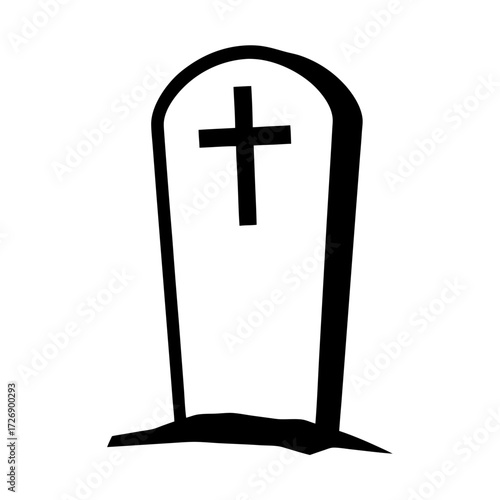 Simple black and white drawing of a tombstone with a cross