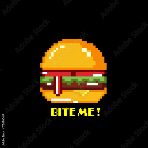 Pixel Art Burger with Bite Me Text Vector Illustration Cartoon Design