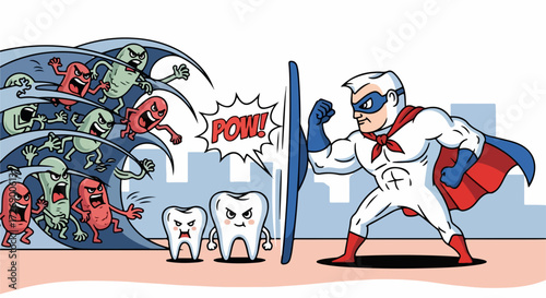 Cartoon dental health illustration displays smiling teeth defended from bacteria by superhero. Cartoon dental health concept showcases healthy teeth protected with shield as harmful germs attack,