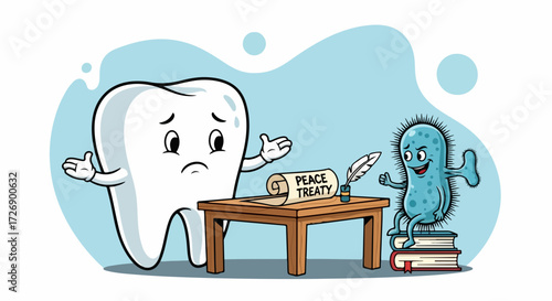 Dental health concept featuring sad cartoon tooth and germ character negotiating a peace treaty. Dental health is about the well-being of teeth, gums, and mouth. Conceptual dental health,