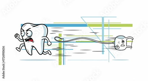 Toothache agony depicted as tooth runs from a dental plug, dental pain. Toothache problem displayed in this cartoon as an anthropomorphic molar attempts to escape electrical dental pain.