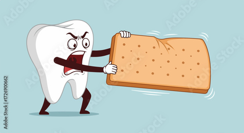 Angry tooth cartoon character pulling plaster with fury. Concept angry tooth against wound protection to recover tooth health.