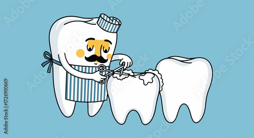Cartoon dental treatment features cartoon dentist tooth repairing cavity with dental tools. Cartoon dental treatment shows dental care concept in funny way, emphasizing hygiene and health,