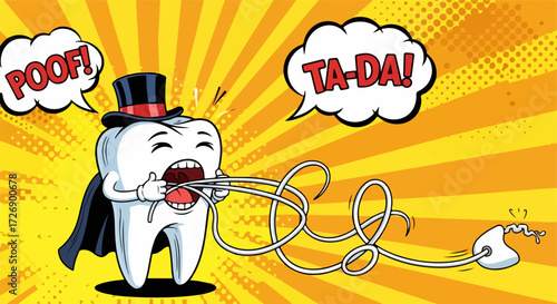 Dental hygiene illustration displays fairy tooth magician costume pulling floss from its mouth on radiant orange background. Dental hygiene illustration features humor in dental care,