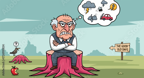 Unhappy old man sitting on stump, thinking of the good old days with nature themed illustrations. Unhappy elder seems in bad mood because he longs for the good old days with no pollution or traffic.