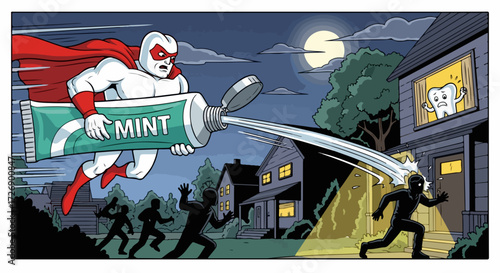 Toothpaste superhero protecting teeth from bad guy on dark night, promoting good oral health. Hero toothpaste protects good teeth. Superhero toothpaste concept for kids.