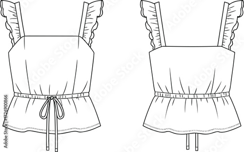 Elegant Sleeveless Blouse Technical Fashion Sketch Draped Ruffle Detail V-Neck Top Vector Drawing CAD Flat Front Back View Template Apparel