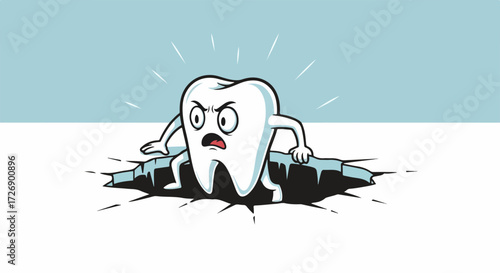 Damaged tooth, cartoon illustration of tooth with angry expression emerging from crack, tooth is damaged. Depicting damaged tooth concept, tooth requires urgent dental care, health problems.