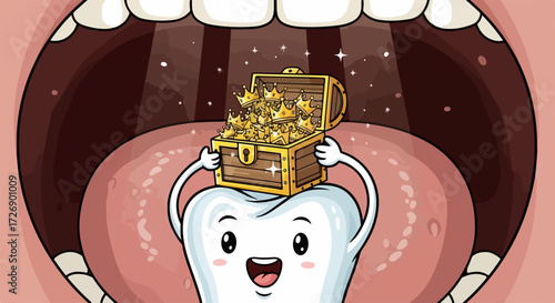 Illustration showing a treasure chest on tooth in open mouth, treasure chest on tooth. Bright and vivid, open mouth features a treasure chest containing gold on smiling tooth.
